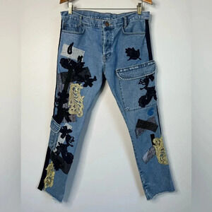 James Long Men's Designer Patchwork Cargo Button Fly Skinny Jeans Size Medium